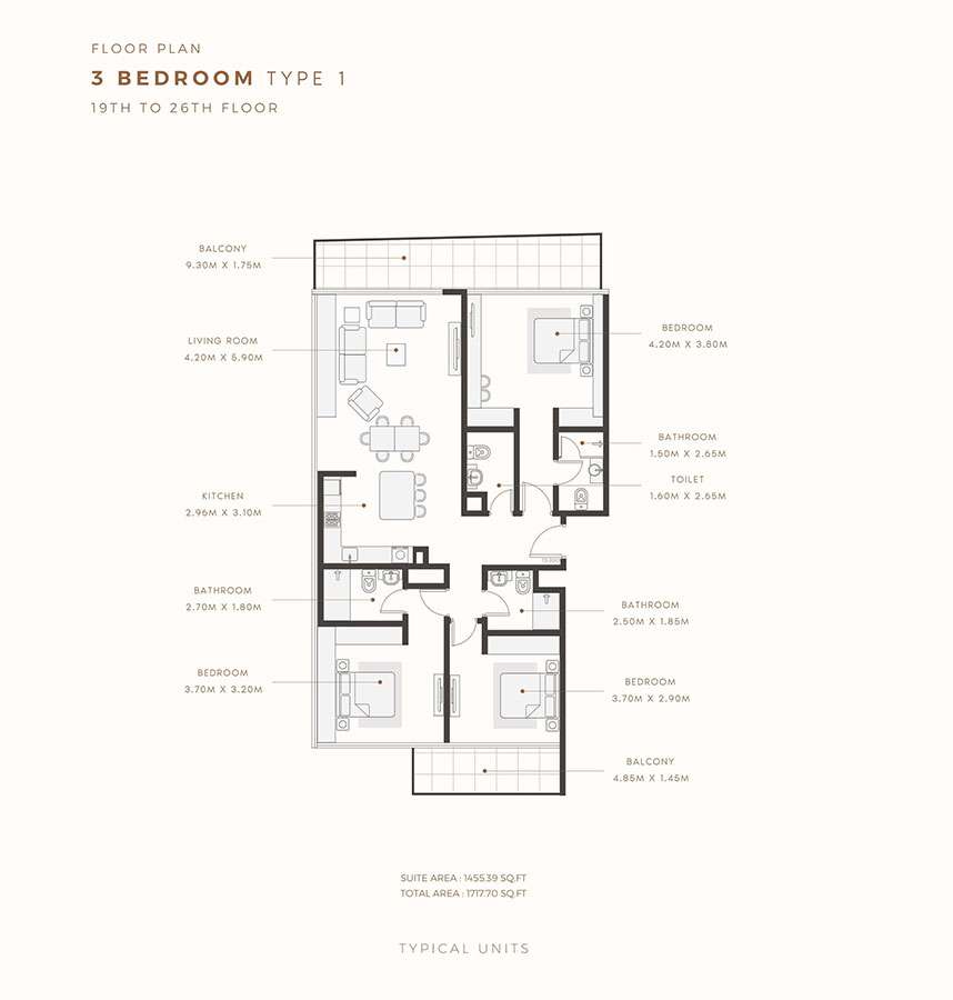 3BHK Type 2, 19th to 26th Floor